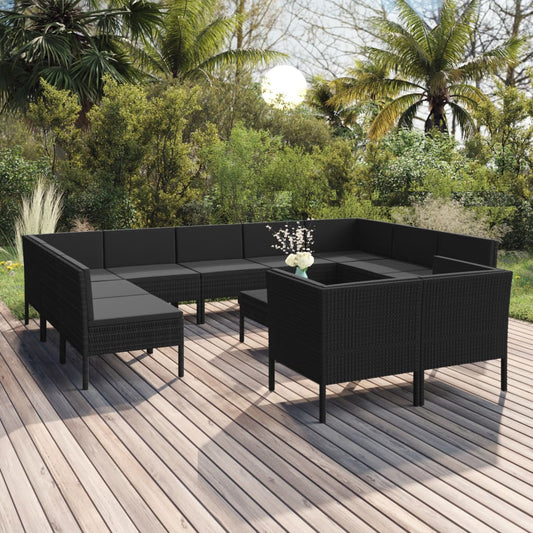 12-tlg. Garten-Lounge-Set mit Auflagen Poly Rattan Schwarz 105605