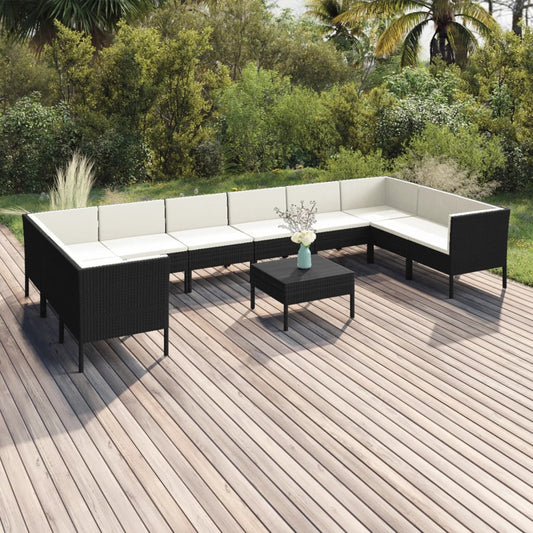 11-tlg. Garten-Lounge-Set mit Auflagen Poly Rattan Schwarz 112665