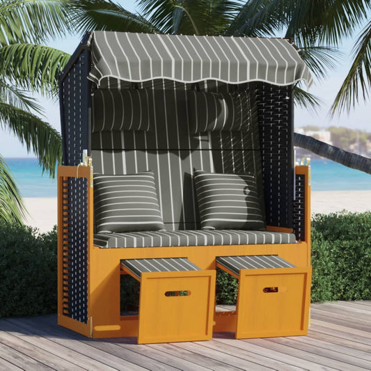 Strandkorb mit Kissen Poly Rattan und Massivholz Schwarz & Grau 119573