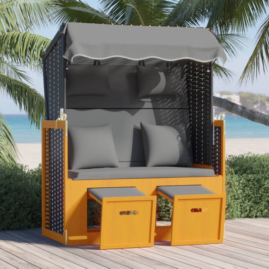 Strandkorb mit Kissen Poly Rattan Massivholz Schwarz Anthrazit 112689