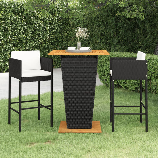 3-tlg. Gartenbar-Set mit Kissen Poly Rattan Schwarz 100790