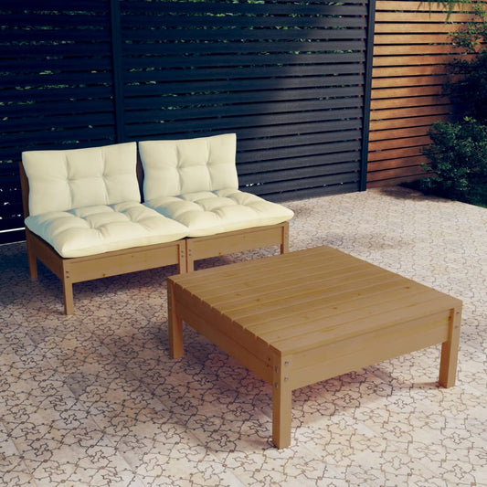 3-tlg. Garten-Lounge-Set mit Creme Kissen Kiefernholz 112625