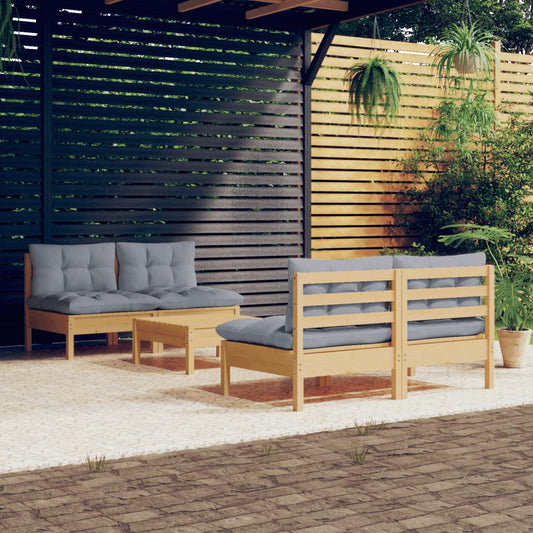 5-tlg. Garten-Lounge-Set mit Grauen Kissen Kiefernholz 112809