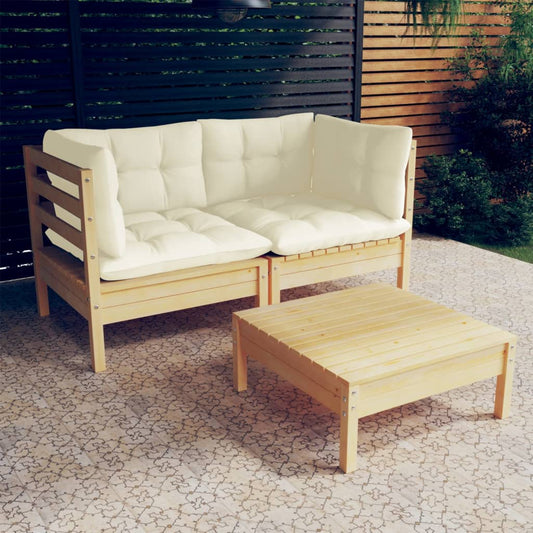 3-tlg. Garten-Lounge-Set mit Creme Kissen Kiefernholz 120756