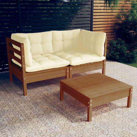 3-tlg. Garten-Lounge-Set mit Creme Kissen Kiefernholz 115343