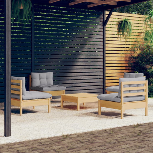 5-tlg. Garten-Lounge-Set mit Grauen Kissen Kiefernholz 112628