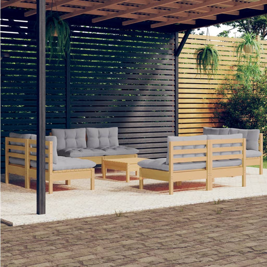 9-tlg. Garten-Lounge-Set mit Grauen Kissen Kiefernholz 112924