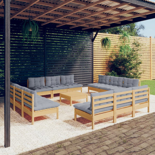 13-tlg. Garten-Lounge-Set mit Grauen Kissen Kiefernholz 112833