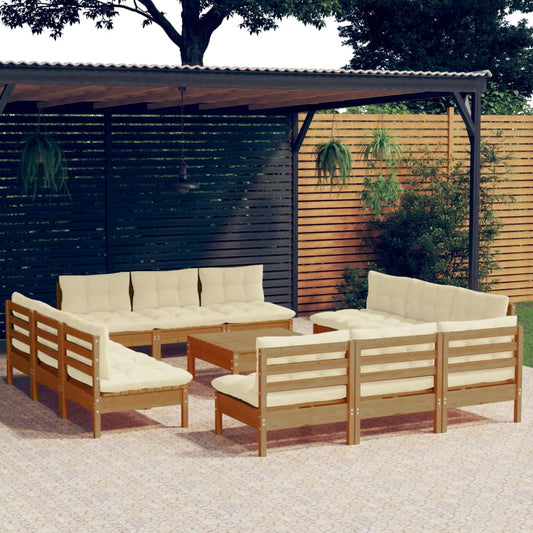 13-tlg. Garten-Lounge-Set mit Creme Kissen Kiefernholz 112740