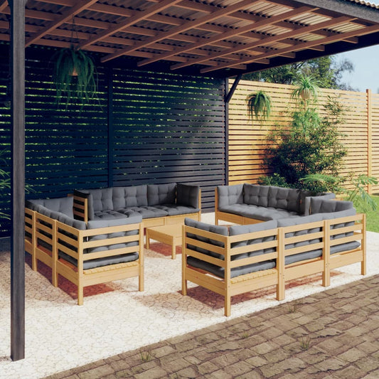 13-tlg. Garten-Lounge-Set mit Grauen Kissen Kiefernholz 112823