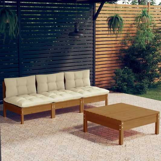 4-tlg. Garten-Lounge-Set mit Creme Kissen Kiefernholz 112737