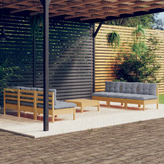 7-tlg. Garten-Lounge-Set mit Grauen Kissen Kiefernholz 113026