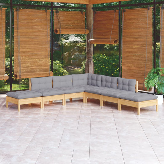 7-tlg. Garten-Lounge-Set mit Grauen Kissen Kiefernholz 112829