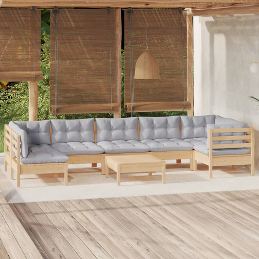 8-tlg. Garten-Lounge-Set mit Grauen Kissen Kiefernholz 106612