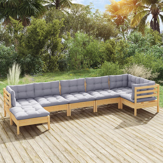 7-tlg. Garten-Lounge-Set mit Grauen Kissen Kiefer Massivholz 98746