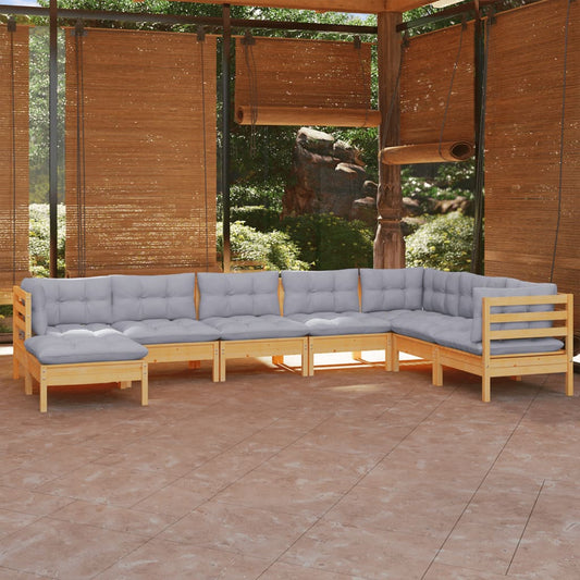 8-tlg. Garten-Lounge-Set mit Grauen Kissen Kiefer Massivholz 106647