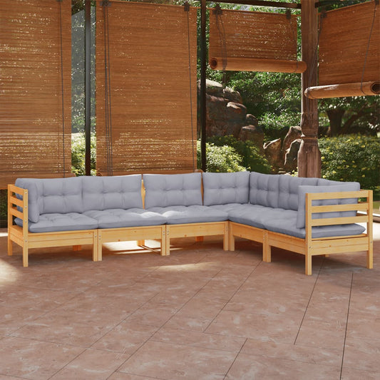 6-tlg. Garten-Lounge-Set mit Grauen Kissen Kiefer Massivholz 108555