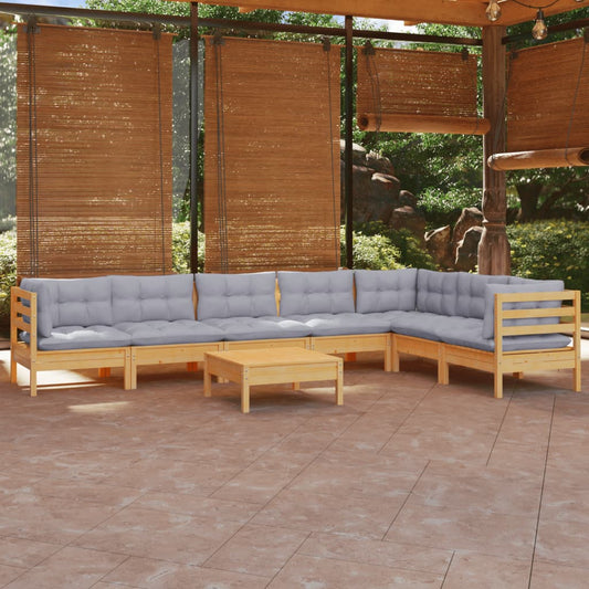 8-tlg. Garten-Lounge-Set mit Grauen Kissen Kiefer Massivholz 106669