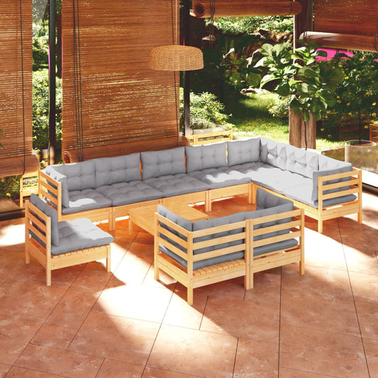 11-tlg. Garten-Lounge-Set mit Grauen Kissen Kiefer Massivholz 106592