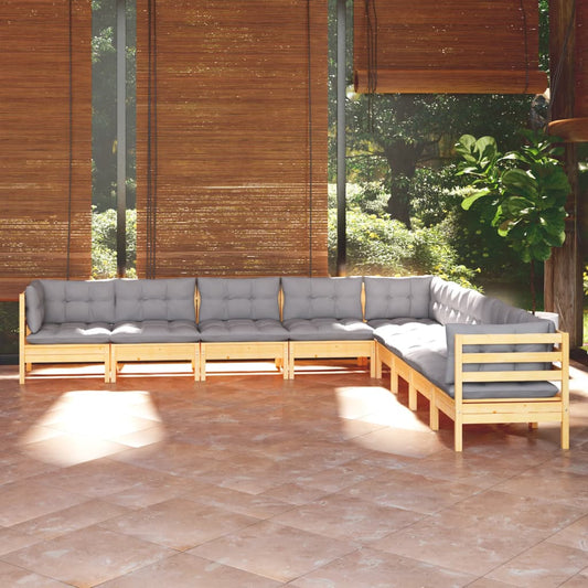 9-tlg. Garten-Lounge-Set mit Grauen Kissen Kiefer Massivholz 112868