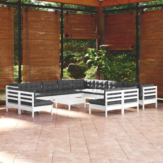 14-tlg. Garten-Lounge-Set mit Kissen Weiß Massivholz Kiefer 114360