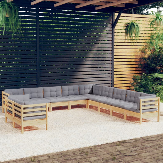 11-tlg. Garten-Lounge-Set mit Grauen Kissen Massivholz Kiefer 119439