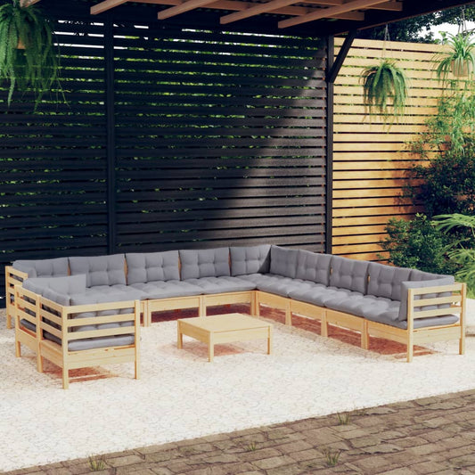 12-tlg. Garten-Lounge-Set mit Grauen Kissen Massivholz Kiefer 106630