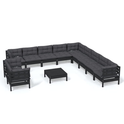 12-tlg. Garten-Lounge-Set mit Kissen Schwarz Massivholz Kiefer 118014