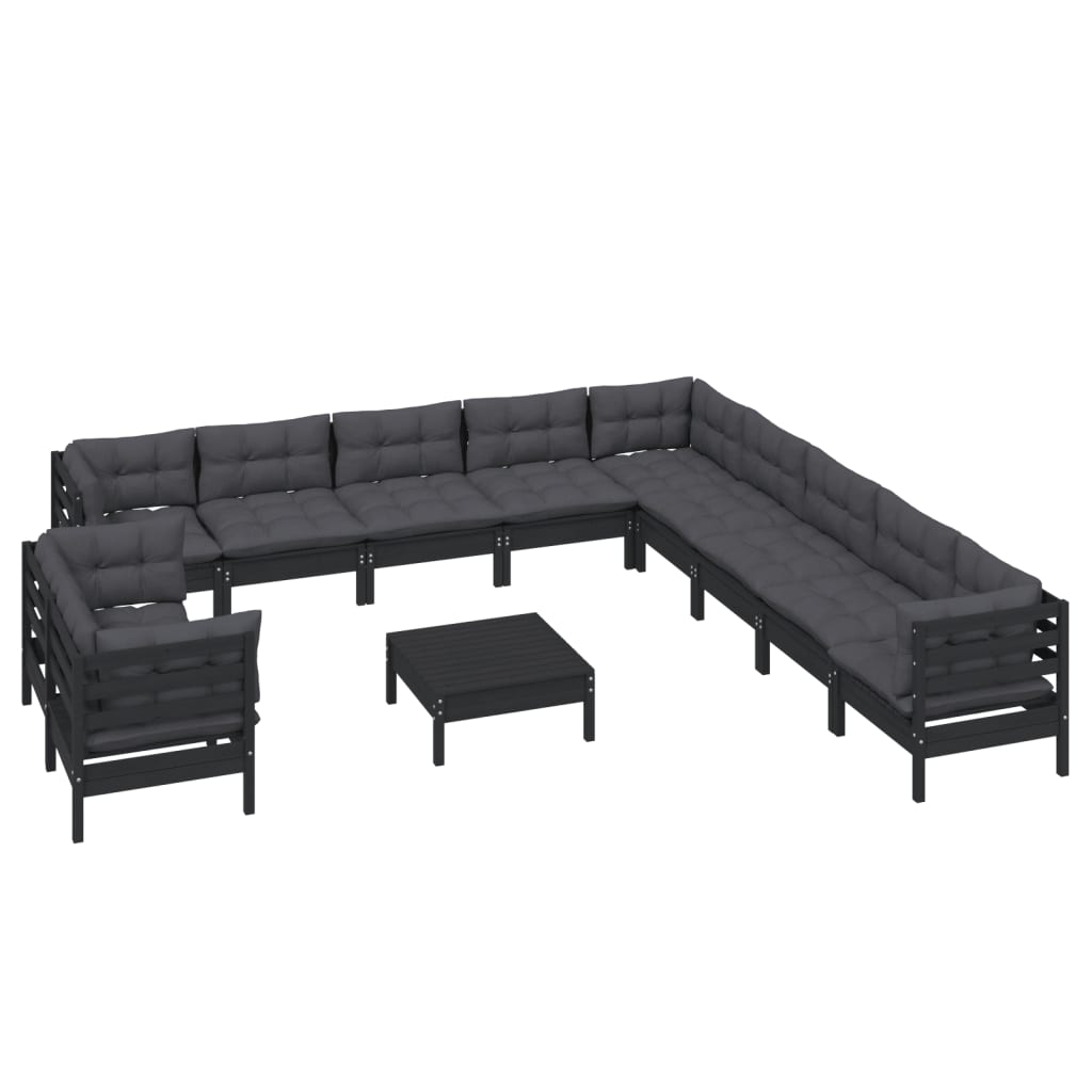 12-tlg. Garten-Lounge-Set mit Kissen Schwarz Massivholz Kiefer 118014