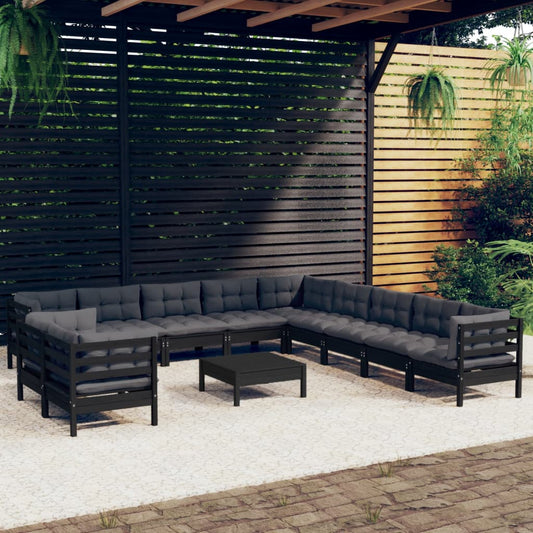 12-tlg. Garten-Lounge-Set mit Kissen Schwarz Massivholz Kiefer 118014