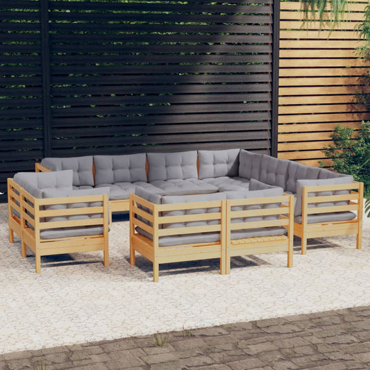 11-tlg. Garten-Lounge-Set mit Grauen Kissen Massivholz Kiefer 112929