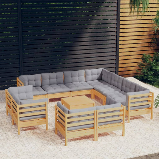 12-tlg. Garten-Lounge-Set mit Grauen Kissen Massivholz Kiefer 106589