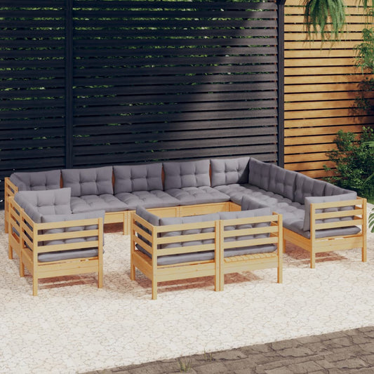 12-tlg. Garten-Lounge-Set mit Grauen Kissen Massivholz Kiefer 113052