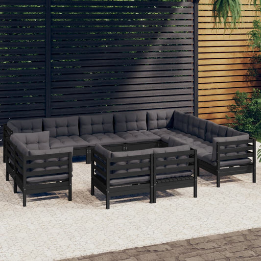 12-tlg. Garten-Lounge-Set mit Kissen Schwarz Massivholz Kiefer 118022