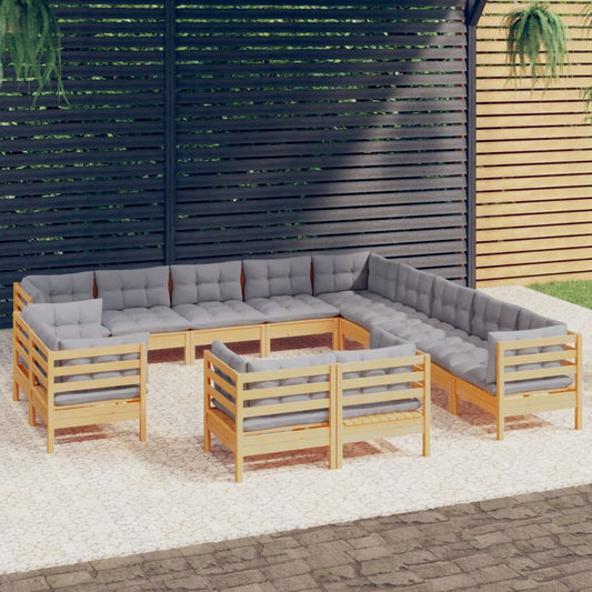 13-tlg. Garten-Lounge-Set mit Grauen Kissen Massivholz Kiefer 119442