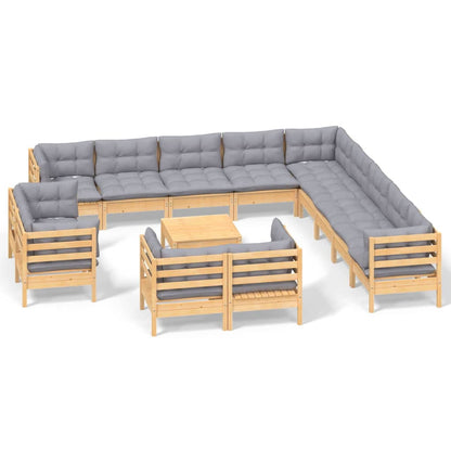 14-tlg. Garten-Lounge-Set mit Grauen Kissen Massivholz Kiefer 106629