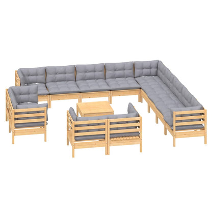 14-tlg. Garten-Lounge-Set mit Grauen Kissen Massivholz Kiefer 106629