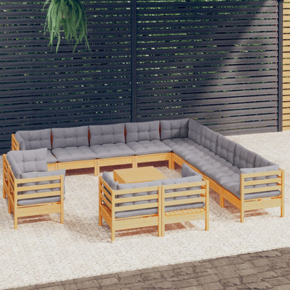 14-tlg. Garten-Lounge-Set mit Grauen Kissen Massivholz Kiefer 106629