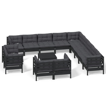 14-tlg. Garten-Lounge-Set mit Kissen Schwarz Massivholz Kiefer 118287