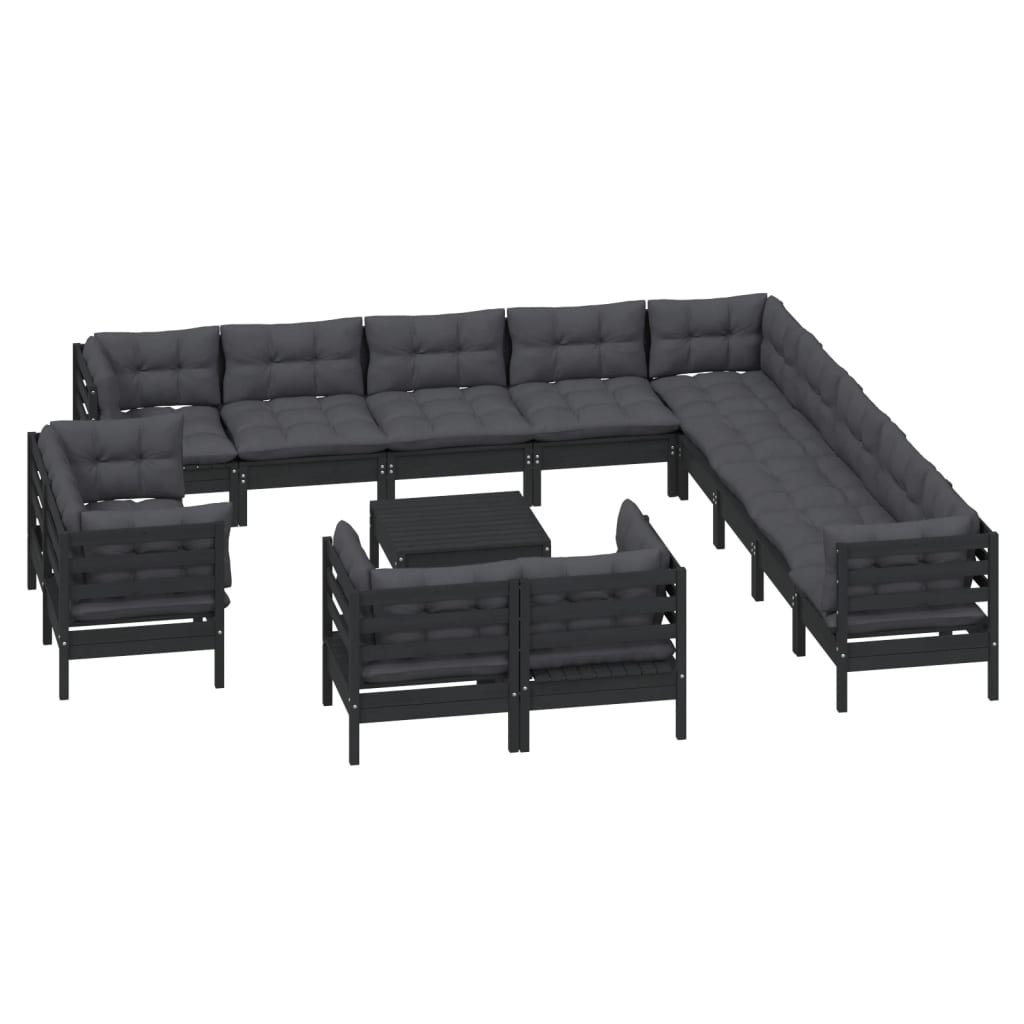 14-tlg. Garten-Lounge-Set mit Kissen Schwarz Massivholz Kiefer 118287