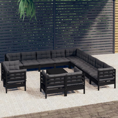 14-tlg. Garten-Lounge-Set mit Kissen Schwarz Massivholz Kiefer 118287