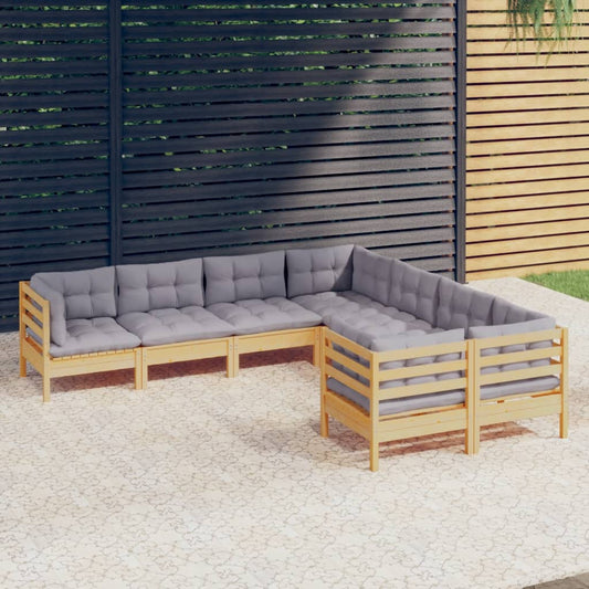 8-tlg. Garten-Lounge-Set mit Grauen Kissen Massivholz Kiefer 112993