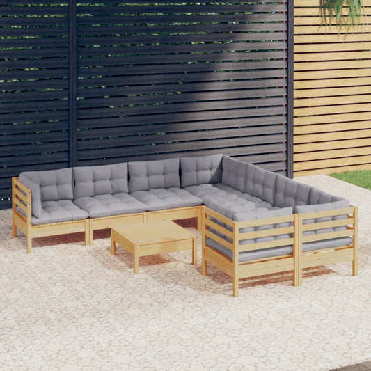 9-tlg. Garten-Lounge-Set mit Grauen Kissen Kiefernholz 112975