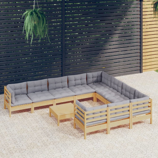 11-tlg. Garten-Lounge-Set mit Grauen Kissen Kiefernholz 112900