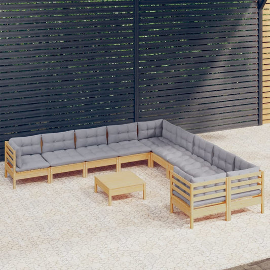 11-tlg. Garten-Lounge-Set mit Grauen Kissen Kiefernholz 113070