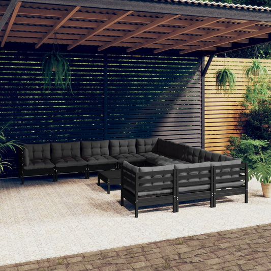 12-tlg. Garten-Lounge-Set mit Kissen Schwarz Kiefernholz 118163