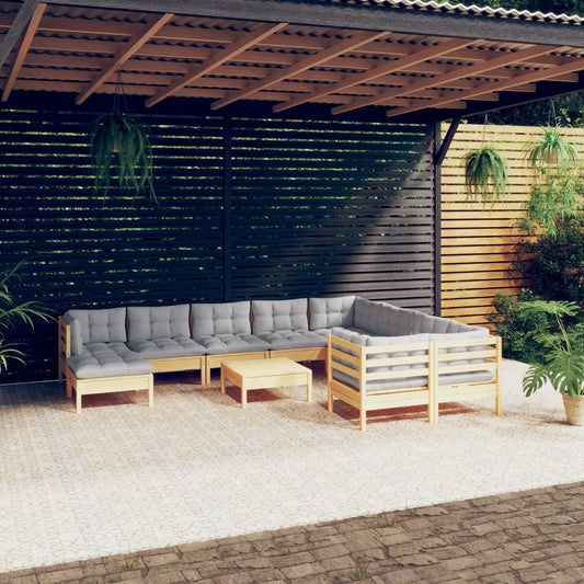 11-tlg. Garten-Lounge-Set mit Grauen Kissen Kiefernholz 106605