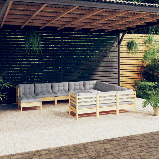 11-tlg. Garten-Lounge-Set mit Grauen Kissen Kiefernholz 113027