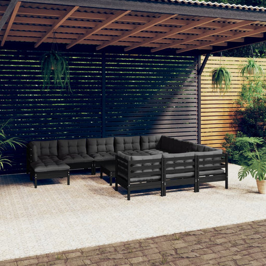 12-tlg. Garten-Lounge-Set mit Kissen Schwarz Kiefernholz 118278