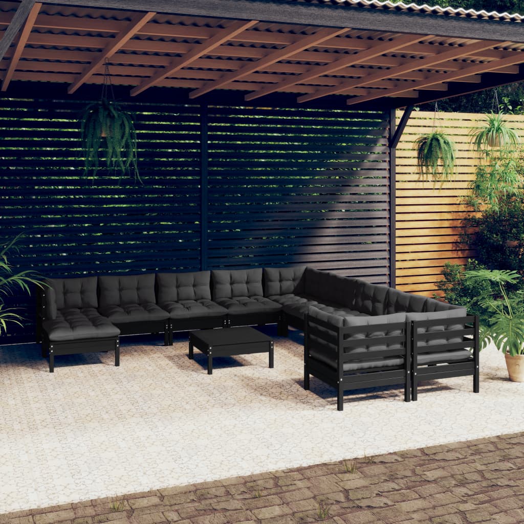 12-tlg. Garten-Lounge-Set mit Kissen Schwarz Kiefernholz 118172